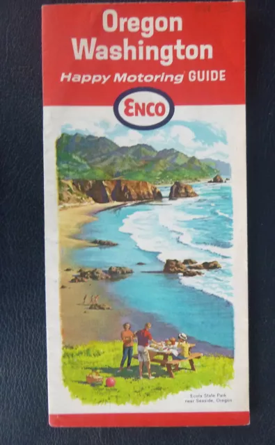 1965 Oregon Washington road map  Enco gas Ecola State Park OR
