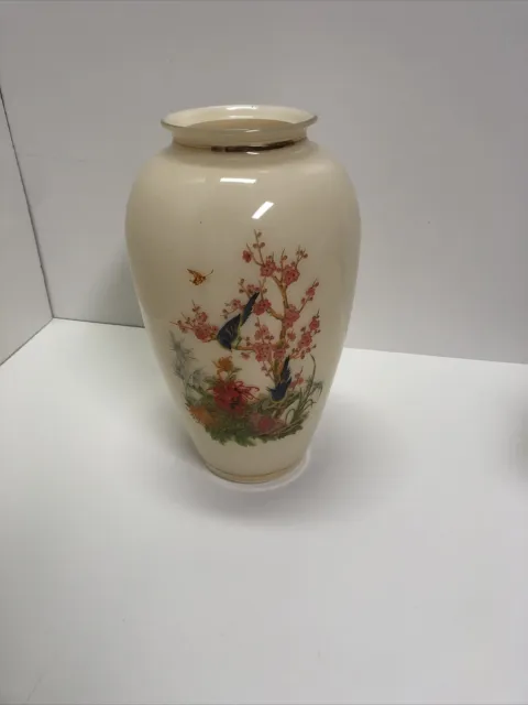 Vintage Blue Birds Cherry Blossoms Butterfly Gold Trim Large Oriental Glass Vase 3