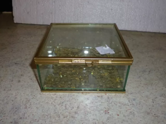 Vintage Brass Glass Trinket Jewellery Box Dressing Table Storage Case