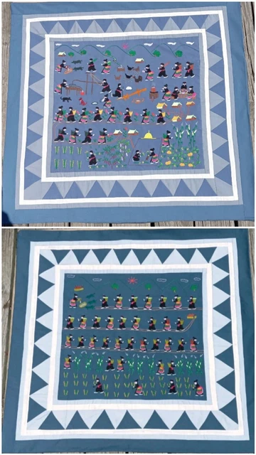 TWO (2) Vintage Embroidered HMONG Story Cloths XL 34x36 Handmade Artwork Stitch