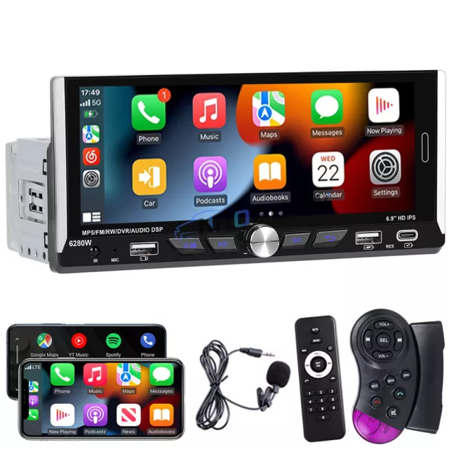6.9" Autoradio 1Din Touchscreen Wireless Apple Carplay Android Auto FM Bluetooth