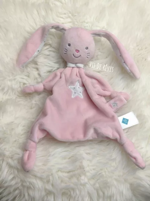 Doudou plat lapin rose et blanc. Etoiles. Tex Baby