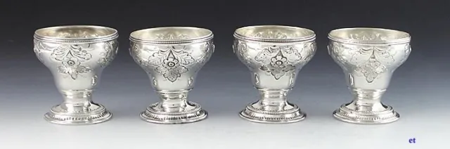 Set of 4 Silver Hand Chased Floral Salt Cellars 1850s