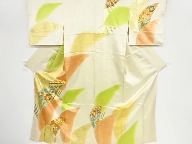 40999# Japanese Kimono / Antique Kimono / Embroidery / Folding Fan With Arabesqu