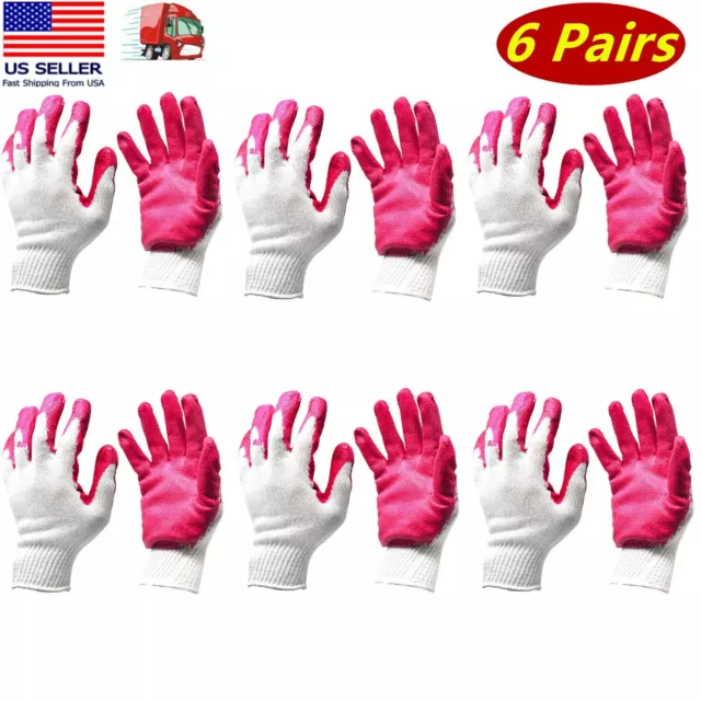 6 Pairs Non-Slip Red Latex Rubber Palm Coated Work Safety Gloves Garden Gloves