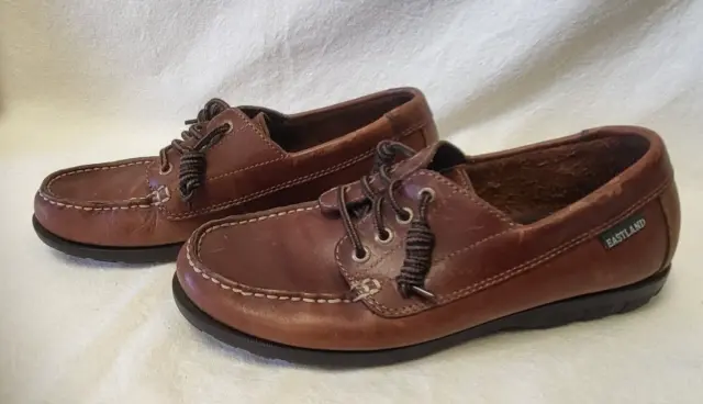 WOMEN'S EASTLAND LEATHER Moc Boat Shoe Loafer Lace Up Brown Size 9M EUC ...