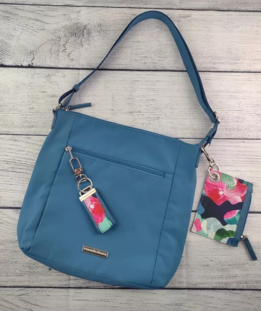 Samantha Brown To-Go Zip-Front Crossbody Bag Purse Blue with key FOB & zip pouch
