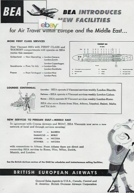 Bea British European Airways 1958 Vickers Viscount New Facilities First Class Ad