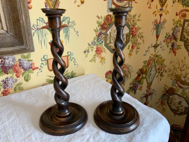 Pair Early 1900s  English Oak Open Barley Twist Candlesticks 12 inches high