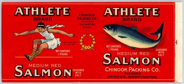 Athlete Brand Red Salmon Paper Can Label Chinook, WA c1910's Runner Jumper