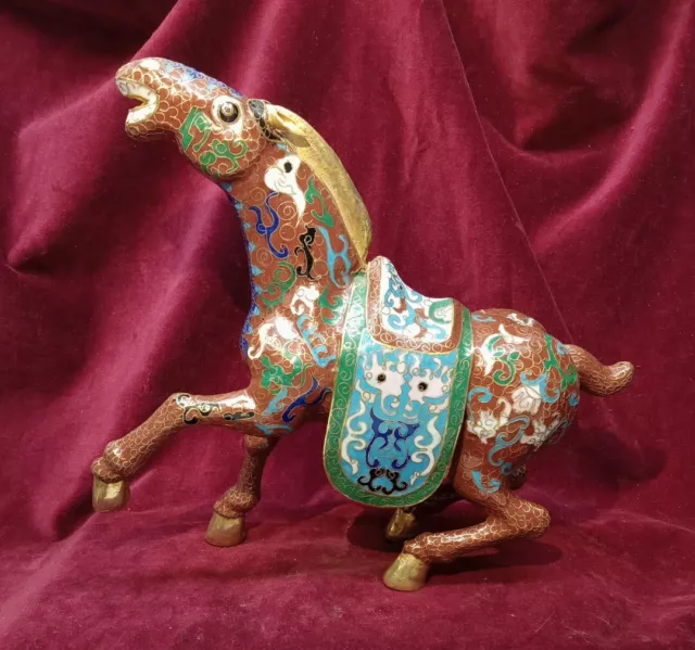 Vintage Chinese Brass Enamel Cloisonne Horse Floral Design Excellent Cond. 8.5"