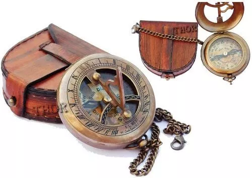 Brass Sundial Compass with Leather Case and Chain | Push Open Compass Gift