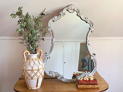 Vintage Ornate Wall Mirror in White Finish | 36" Distressed Curved Mirror