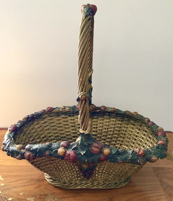 BARBOLA RARE Vtg Victorian Handmade Basket w’ Grapes, Fruit, Nut & Ivy. 21x24
