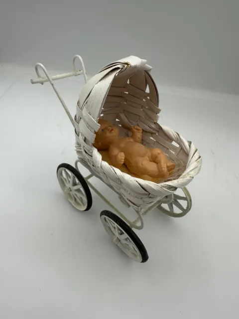 Vintage Miniature Dollhouse White Wicker Baby Carriage Stroller Bully Baby Boy