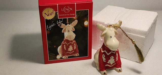 Lenox Original Christmas Sweater Moose Lighted Ornament Open Box Holiday