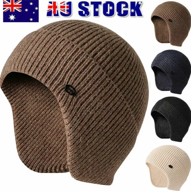 Winter Warm Mens Knitted Beanie Hat With Earflaps Russian Outdoor Ski Skull Cap