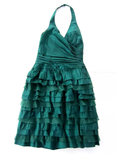 Kay Unger Silk Green Satin Ruched Ruffle Halter Prom Party Wed Cocktail Dress 4