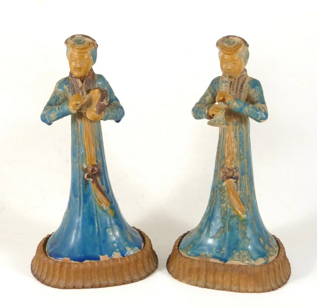 Chinese Mudmen Musician Figurine Pair w/Original Stands Early 20th Century 8"