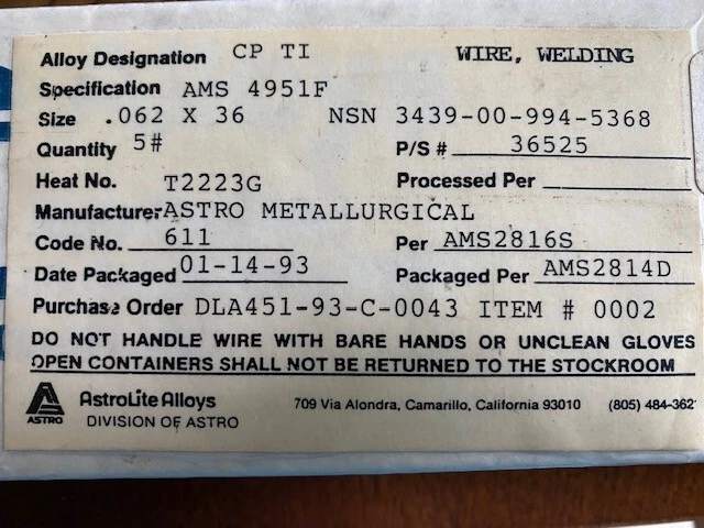 Titanium TIG Welding Wire .062" (1/16") round x 36" Long, Total Weight 10 pounds