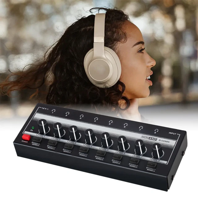 SinLoon HA400 Amplificatore per Cuffie Stereo a 4 canali, Mini Splitter Audio in Metallo con Controllo del Volume Indipendente, Uscita e Ingresso TRS da 1/4, con Adattatore 12V per Studio