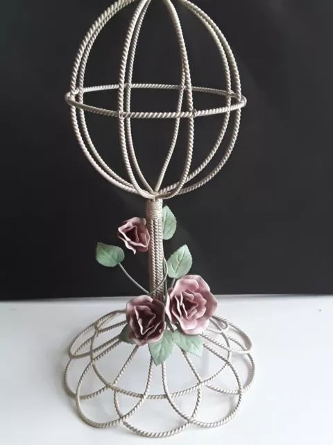 Vintage Tole Ware Metal Hat Display Stand Roses & White Twisted Metal Shabby...
