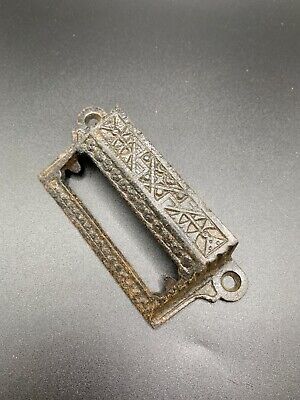 Antique Ornate Eastlake rectangular drawer handle pull with window cast Brass