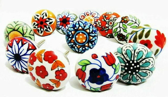 Hand Painted Lot of 10 colorful Ceramic Cabinet Knobs Pulls Drawer Door Handles