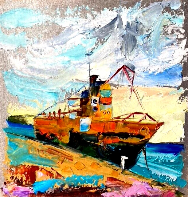10" in Old Ship ORIGINAL Oil Painting Italy ORIGINAL Art Seascape 3D Textured