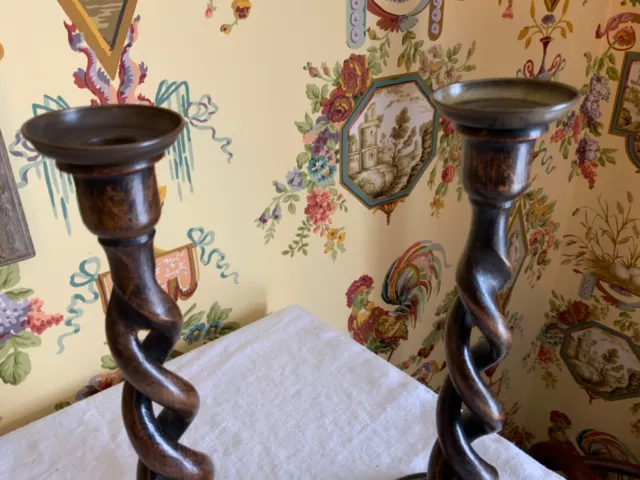 Pair Early 1900s  English Oak Open Barley Twist Candlesticks 12 inches high 3