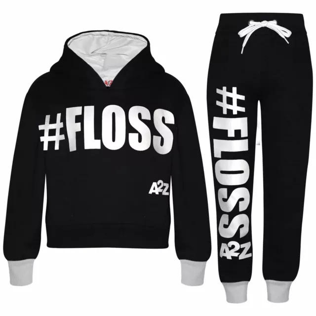 Kids Girls Jogging Suit Designer #Floss Tracksuit Hooded Crop Top Bottom 5-13Yr
