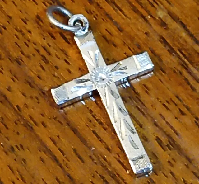 Vintage Sterling Silver Southwestern Etched Cross Pendant 7/8" W.E.H. Rhodium pl