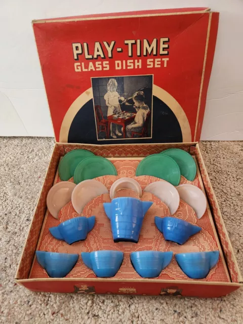 Vintage 16 Piece Akro Agate Co. Child's Play Time Glass Dish Set W/Box!