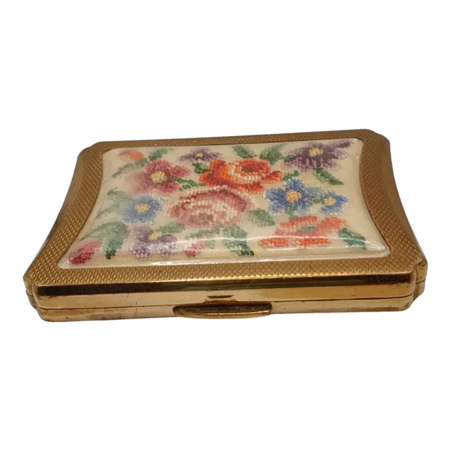 Vintage Kigu Gold Roses Petit Point Tapestry Compact Mirror Powder Vanity *READ* 2