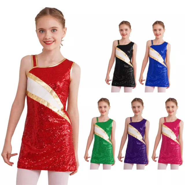 Kids Girl's Cheerleading Dresses Performance Dance Dress Sparkling Sleeveless