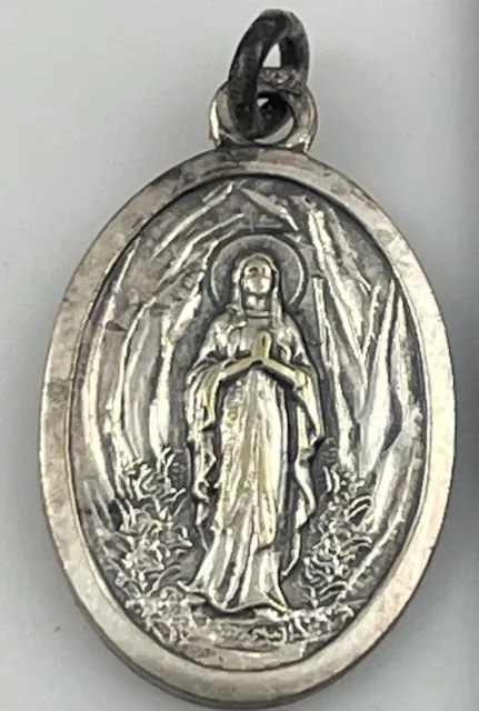 VINTAGE CATHOLIC OUR Lady Of Lourdes, St Bernadette Silver Tone Medal ...