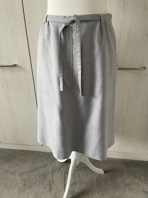 Gonna e cintura WINDSMOOR vintage anni '80 A-Line UK 18 grigio lino effetto slub foderato