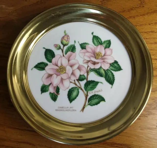 Winterling Roslau Plate Brass Rim Camellia by Stoku Bavaria Vintage