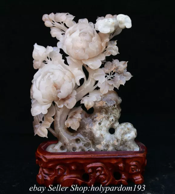 12" Chinese Natural Dushan Pink Jade Carved Fengshui Flower Bird Statue