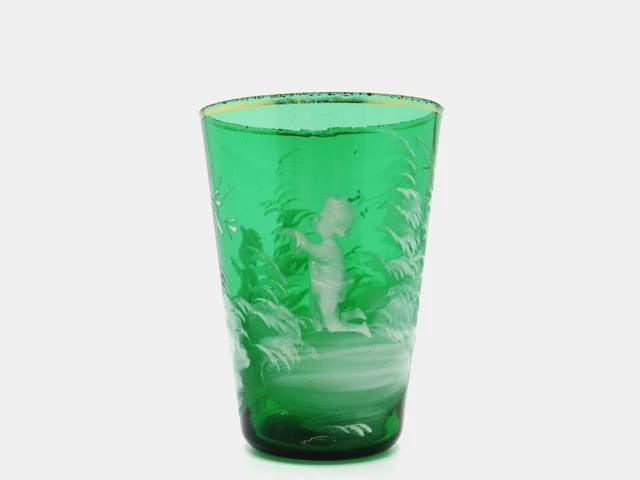 Antiguo 19th Siglo Bohemio Pintado a Mano María Gregory Cristal Verde Tiro