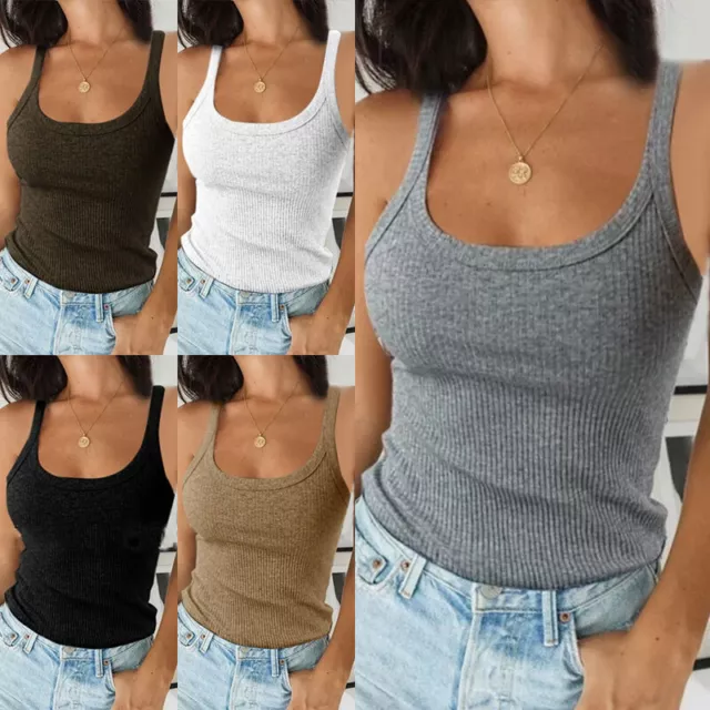 Da Donna Tinta Unita a Coste Canottiera Canotta Top Elasticizzato Casual Camic -