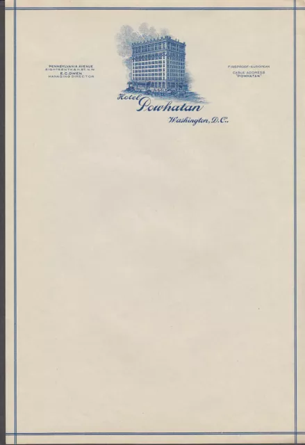 HOTEL POWHATAN WASHINGTON DC cachet letterhead 1920s THREE sheets! $11. ...