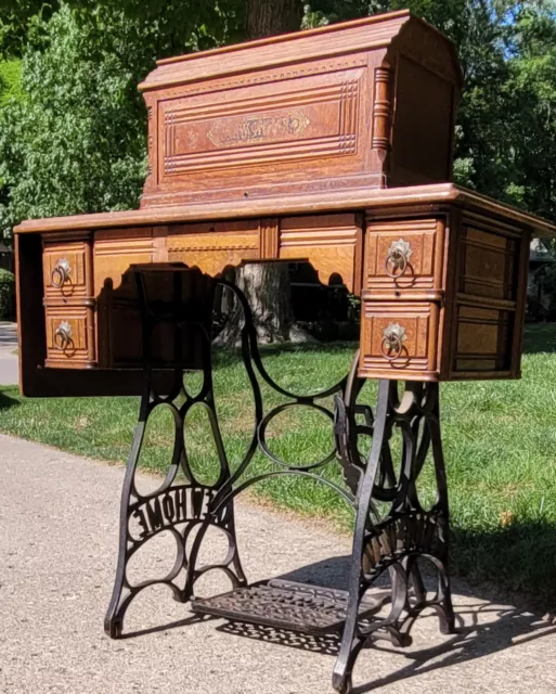 Ornate Antique 1890 New Home Sewing Machine Cast Iron Treadle Wood Case