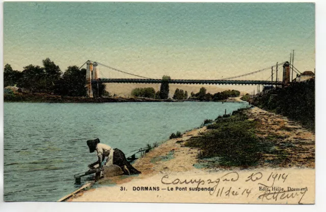 DORMANS - Marne - CPA 51 - lavandiere au pont suspendu - carte tramée couleur
