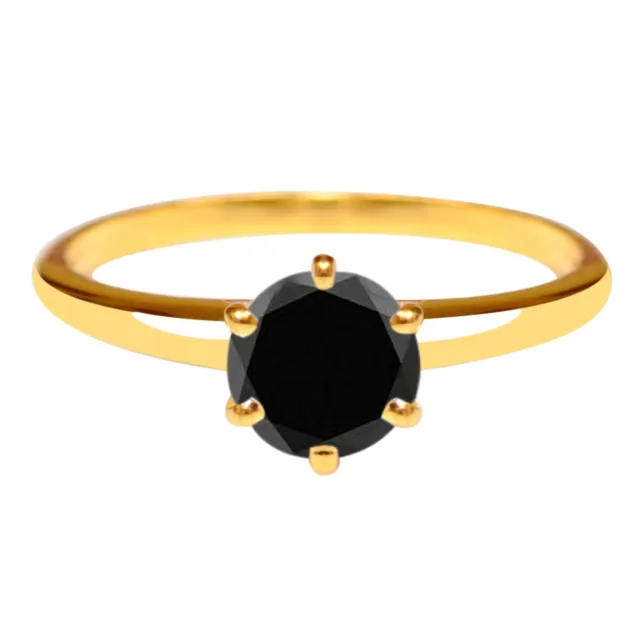 AA Natural Jet Black Diamond 1.50Ct Round Shape Women's Ring In 14KT Yellow Gold