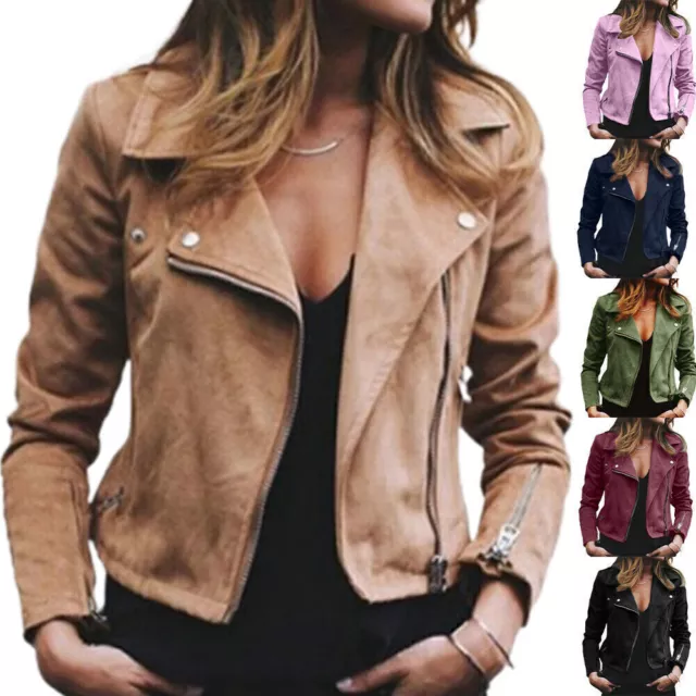 Women's Biker Jacket Slim Fit Ladies Faux PU Leather Zip Formal Coat Plus Size