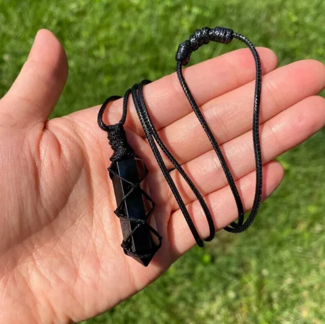 Black Obsidian Hexagonal Healing Reiki Point Wrapped Pendant Men Women Necklace