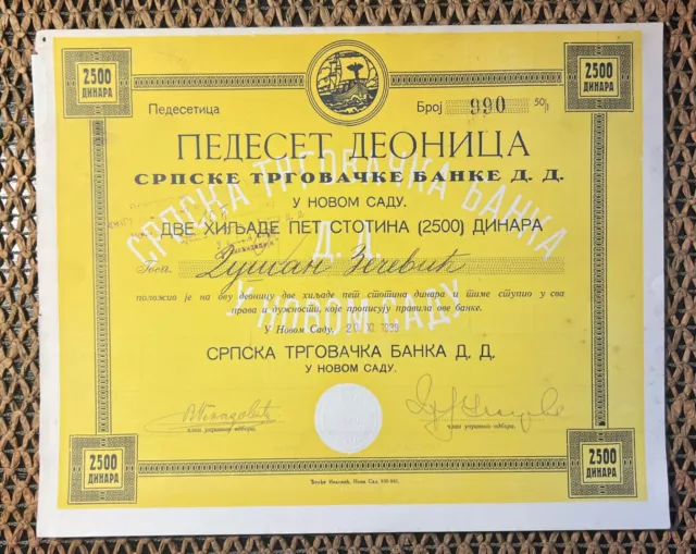 stock share bond Serbian Merchant Bank Novi Sad 1939. y WWII Serbia Yugoslavia