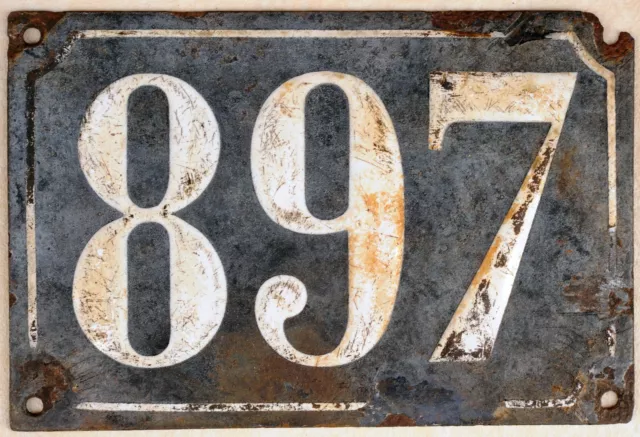 Large old black French house number 897 door gate plate plaque enamel metal sign