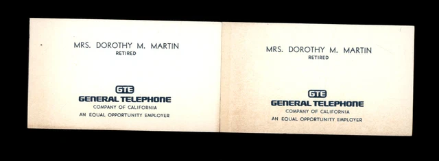 FOUND in BOOK lot of 2 Business card GENERAL TELEPHONE of California Mrs. Martin